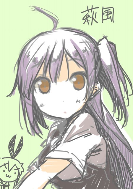 >:3, 10s, 2girls, :3, ahoge, blouse, brown_eyes, character_name, from_side, hagikaze_(kancolle), hair_ornament, hairband, kantai_collection, kobashi_daku, long_hair, looking_at_viewer, multiple_girls, purple_hair, school_uniform, serafuku, shimakaze_(kancolle), shirt, short_sleeves, side_ponytail, simple_background, solo_focus, upper_body, v-shaped_eyebrows, vest