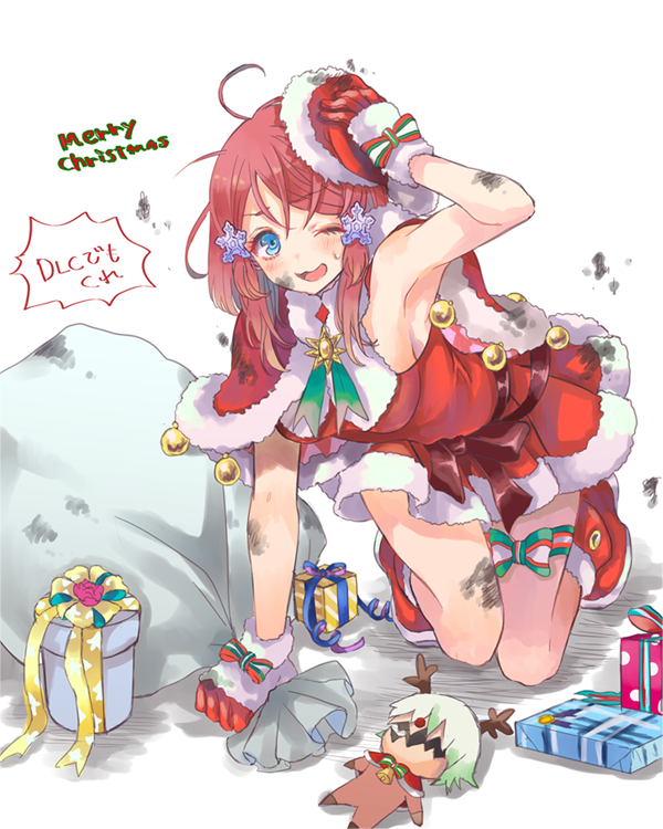 10s, 1girl, all_fours, bad_id, bad_twitter_id, blue_eyes, blush, christmas