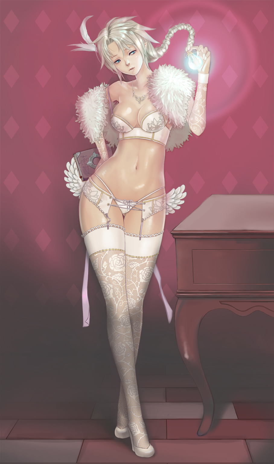 1girl, blue_eyes, book, bra, braid, braided_ponytail, breasts, cleavage, cross-laced_clothes, detached_sleeves, diamond_(shape), drawer, feather_hair_ornament, feathered_wings, feathers, female_focus, floral_print, flower, full_body, fur_trim, garter_belt, glowing, gluteal_fold, hair_ornament, hand_on_own_hip, head_tilt, high_heels, highleg, highleg_panties, highres, holding, holding_book, indoors, jewelry, lace, lace-trimmed_legwear, lace_legwear, lace_trim, light_bulb, long_hair, low_wings, miu_(qurare), mook1218, navel, necklace, panties, parted_bangs, parted_lips, pink_ribbon, pointy_ears, qurare_magic_library, ribbon, rose, running_bond, shade, shawl, shoes, single_braid, solo, standing, stomach, strap_gap, string_panties, thigh_gap, thighhighs, thorns, tile_floor, tiles, underwear, white_bra, white_hair, white_panties, white_shoes, white_thighhighs, white_wings, wings