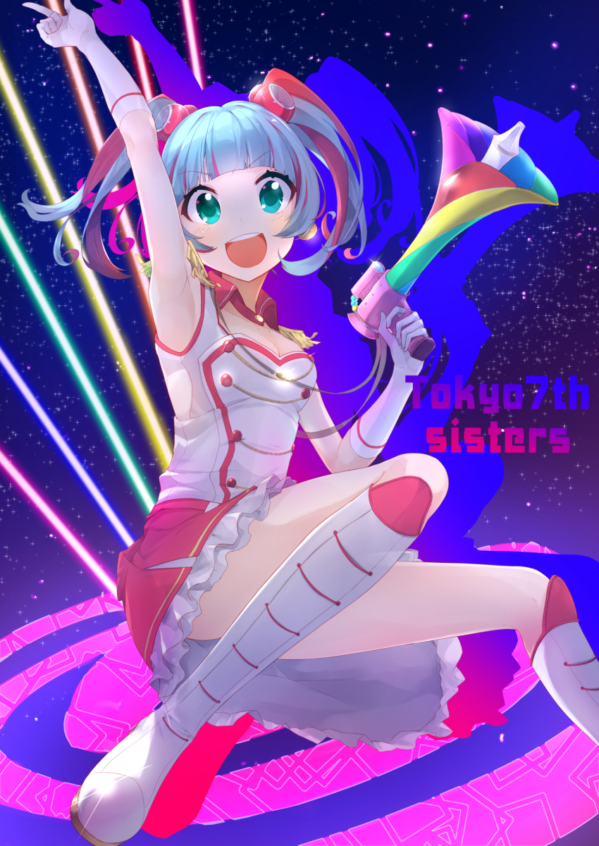 1girl, :d, arm_up, bad_id, bad_pixiv_id, blue_eyes, blue_hair, blush