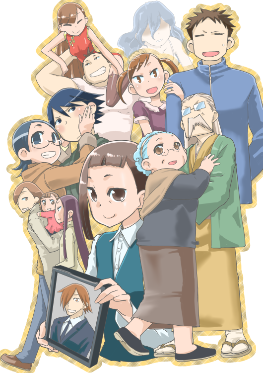 annotated, black_hair, blue_hair, brown_hair, child, family, father_and_child, father_and_daughter, ghost, glasses, homemade_heroes, husband_and_wife, iei, jewelry, kazoku_game, kotake_haine, kotake_yoshitomo, kusuri_no_marjoram, long_hair, mayama_nodoka, minowa_sumire, mother_and_child, mother_and_daughter, mr._nukumizu, mrs._yakushiji, nanashino_takenari, nobeyama_rin, nukumizu_izumi, parent_and_child, photo_(object), purple_hair, ring, short_hair, suzushiro_seri, udou_mikage, urano_kenkou, urano_kikue, white_hair, yakushiji_sei