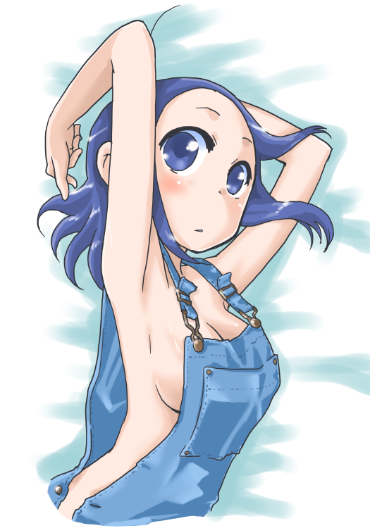1girl, armpits, blue_eyes, blue_hair, breasts, female_focus, kazoku_game, long_hair, matching_hair/eyes, naked_overalls, overalls, sideboob, solo, suzushiro_seri, yusa_aoi_(kazoku_game)