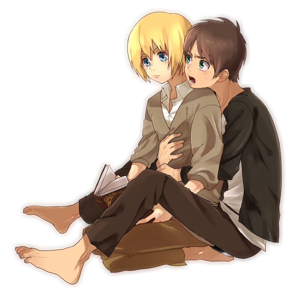2boys, armin_arlert, barefoot, blonde_hair, blue_eyes, blush, book, brown_hair