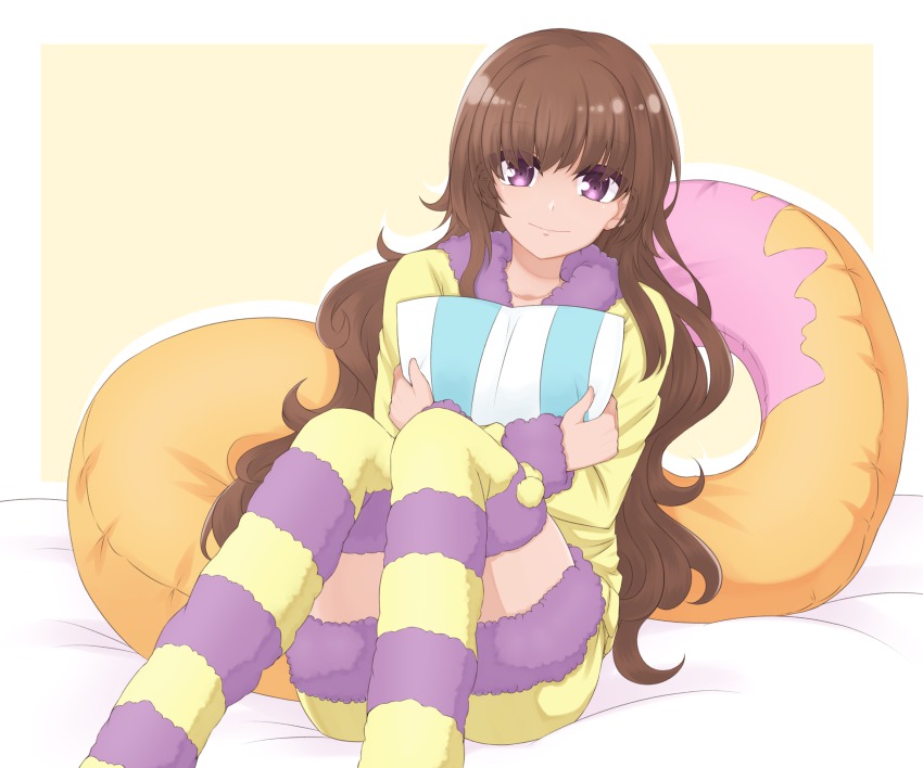 1girl, amanogawa_kirara, brown_hair, corpse_(artist), female_focus, fur_trim, go!_princess_precure, hair_down, highres, hugging_object, long_hair, multicolored_legwear, pajamas, pillow, pillow_hug, precure, purple_eyes, shorts, solo, striped_clothes, striped_thighhighs, thighhighs, zettai_ryouiki