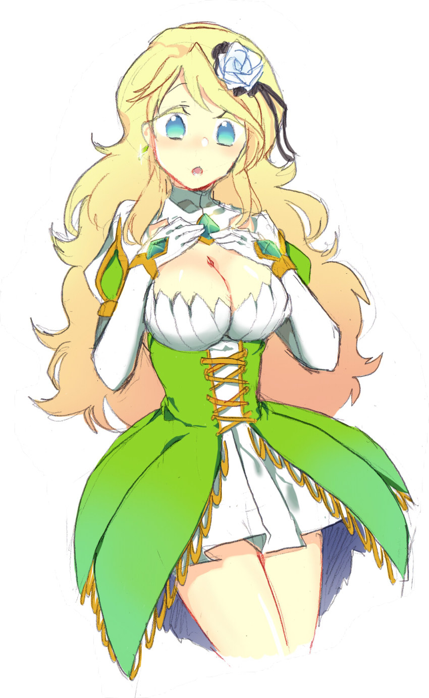 1girl, blonde_hair, blue_eyes, breasts, cleavage, cleavage_cutout, clothing_cutout, cosplay, earrings, elsword, female_focus, flower, gloves, grand_archer_(elsword), hair_flower, hair_ornament, highres, jewelry, large_breasts, long_hair, open_mouth, pleated_skirt, rena_(elsword)_(cosplay), rena_erindel, seris_(elsword), shironekojr, skirt, solo, sparkle, white_gloves