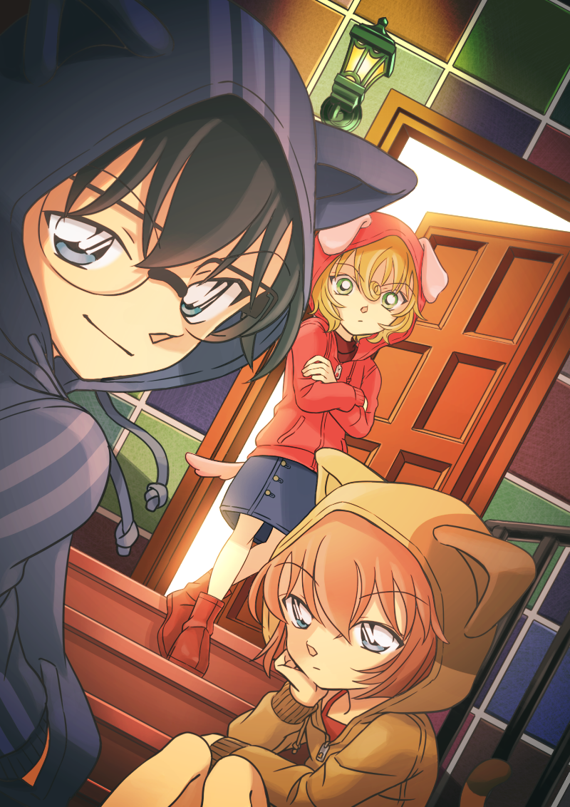1boy, 2girls, androgynous, animal_ears, black-framed_eyewear, black_hair, blonde_hair, blue_eyes, blue_skirt, boots, brown_hair, cat_ears, cat_tail, crossed_ankles, crossed_arms, door, dutch_angle, edogawa_conan, eyebrows, glasses, green_eyes, haibara_ai, hand_in_pocket, head_rest, hood, hoodie, lamp, long_sleeves, looking_at_viewer, mary_sera, meitantei_conan, multiple_girls, open_door, railing, red_footwear, sahara_4062, short_hair, sitting, skirt, stairs, standing, tail, thighhighs, zettai_ryouiki