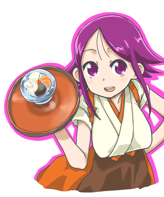 1girl, breasts, dessert, female_focus, food, imagawa_hiyoko, japanese_clothes, kazoku_game, large_breasts, long_hair, purple_eyes, purple_hair, solo, suzushiro_seri, tray