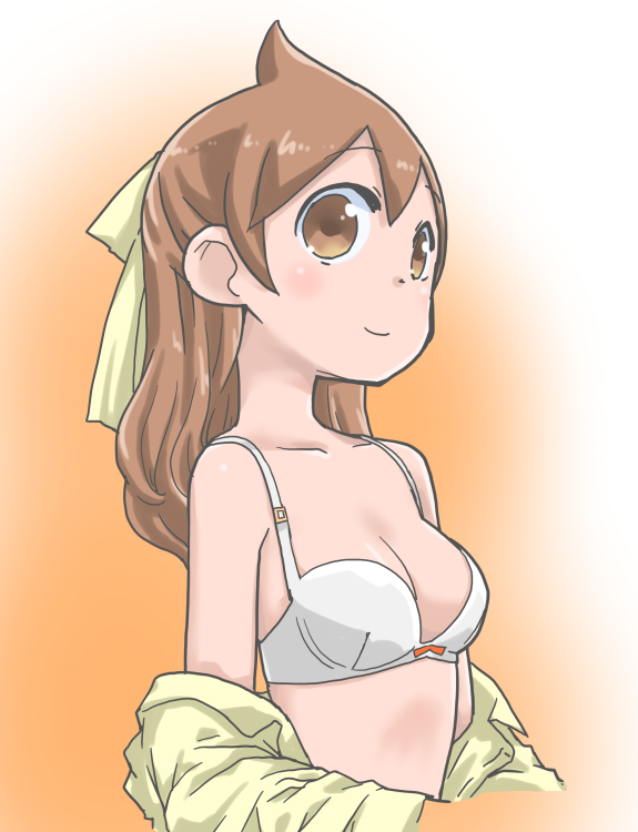 1girl, bra, breasts, brown_eyes, brown_hair, cleavage, female_focus, hair_ribbon, kazoku_game, long_hair, ribbon, solo, suzushiro_seri, underwear, yusa_makoto
