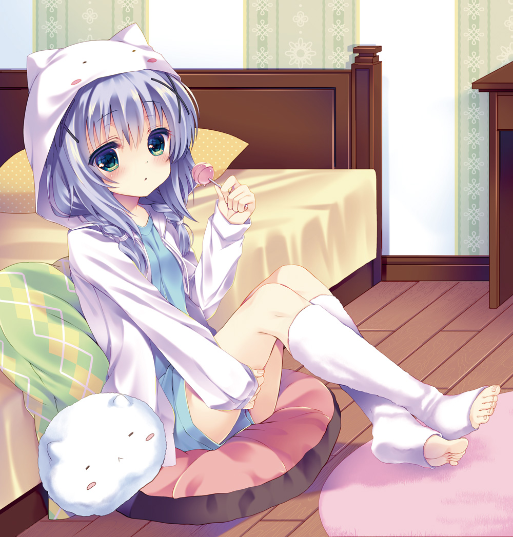 1girl, :<, angora_rabbit, animal_hood, barefoot, bed, bed_sheet, blanket