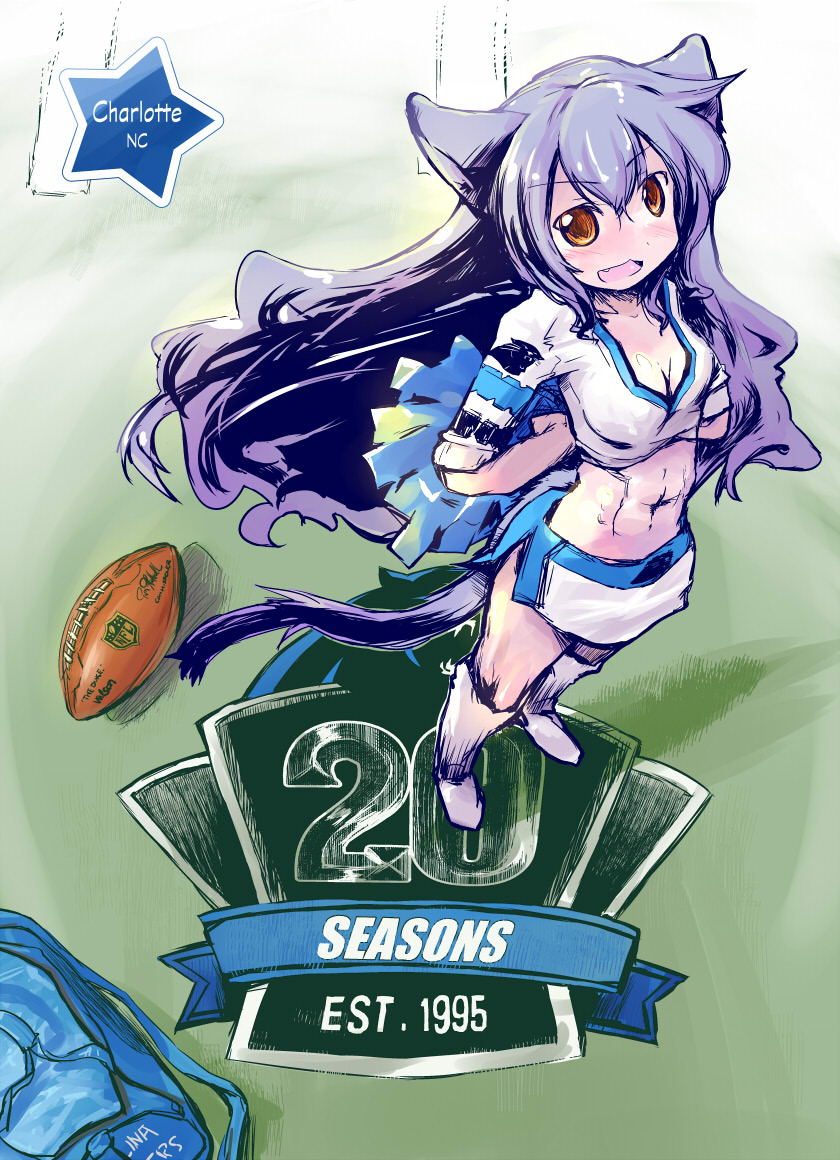 1girl, :d, abs, american_football, american_football_(object), animal_ears, arms_behind_back, bag