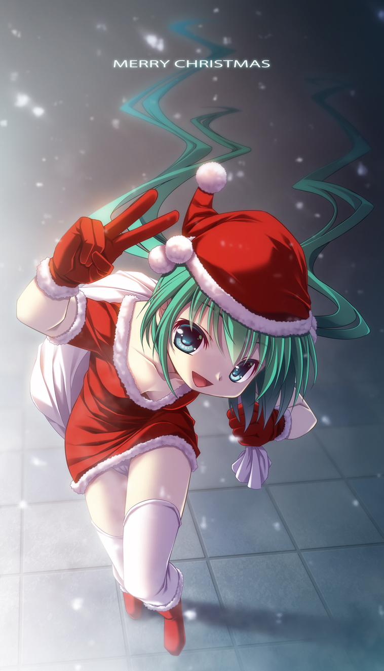 1girl, arm_up, christmas, downblouse, female_focus, full_body, gloves, green_eyes