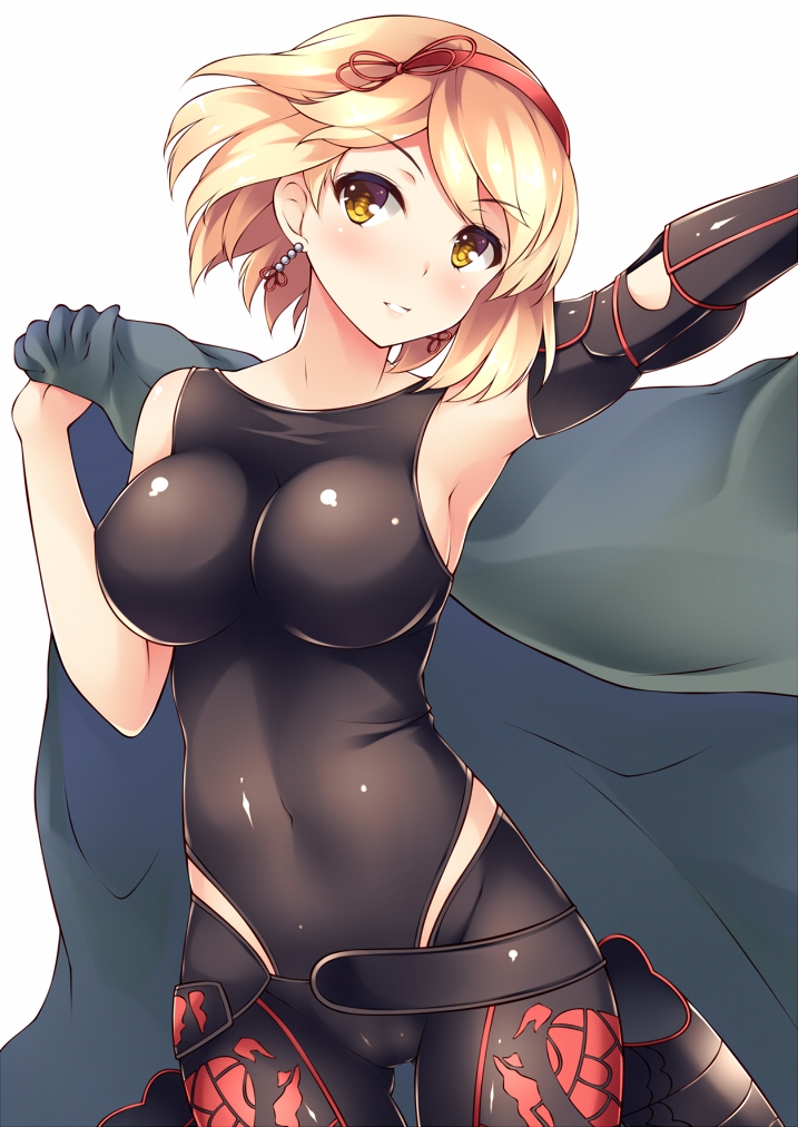10s, 1girl, arm_up, armpits, bare_shoulders, belt, blonde_hair, blush, breasts, breasts_apart, brown_eyes, closed_mouth, clothing_cutout, covered_navel, cowboy_shot, djeeta_(granblue_fantasy), earrings, elbow_gloves, female_focus, gloves, granblue_fantasy, groin, gunslinger_(granblue_fantasy), hair_ribbon, hairband, hand_up, head_tilt, hip_vent, holding, holding_jacket, holding_unworn_clothes, holster, impossible_clothes, impossible_leotard, iroha_(unyun), jacket, jacket_over_shoulder, jewelry, large_breasts, leotard, light_smile, looking_at_viewer, outstretched_arm, over_shoulder, pants, parted_bangs, ribbon, shiny_clothes, short_hair, simple_background, single_elbow_glove, single_glove, skin_tight, solo, spandex, standing, thigh_gap, unworn_jacket, white_background, yellow_eyes