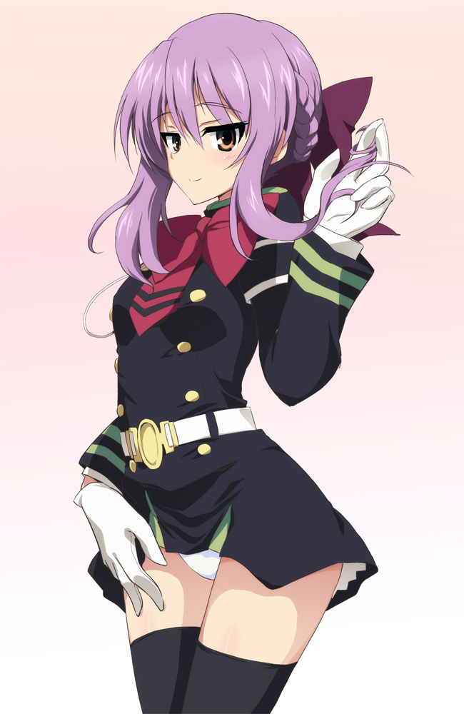 10s, 1girl, brown_eyes, female_focus, hiiragi_shinoa, long_hair, military, military_uniform, ouhashi, owari_no_seraph, panties, pantyshot, purple_hair, skirt, smile, solo, thighhighs, underwear, white_panties, zettai_ryouiki
