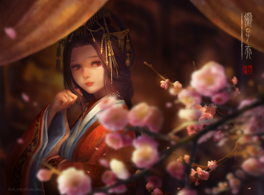 1girl, absurdres, artist_name, branch, brown_eyes, brown_hair, cherry_blossoms, chinese_clothes