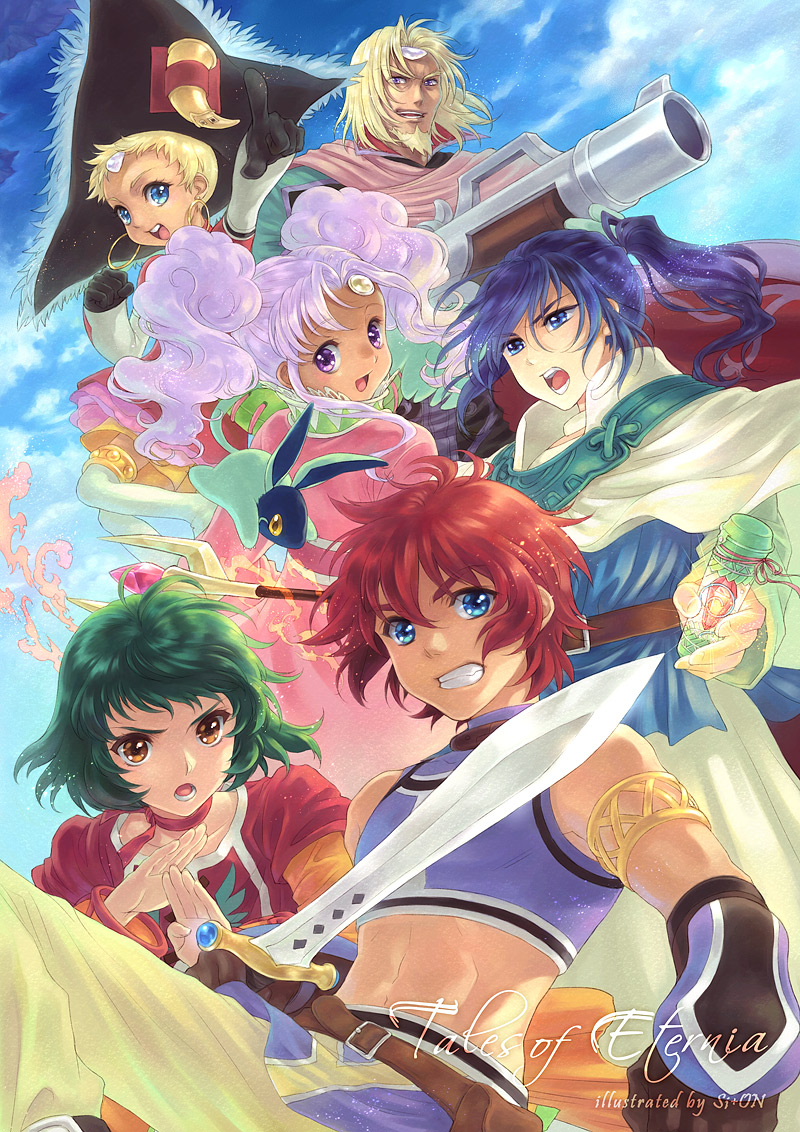 00s, 3boys, 3girls, beard, blonde_hair, blue_hair, chat_(tales), clenched_teeth