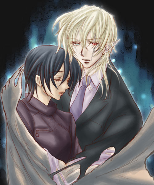 00s, black_hair, blood+, demon_wings, closed_eyes, formal_clothes, heterochromia, jacket