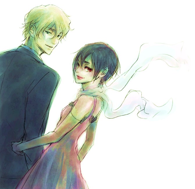 00s, bare_shoulders, black_hair, blood+, dress, elbow_gloves, formal_clothes, gloves