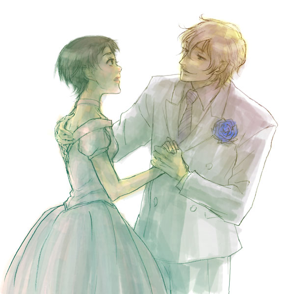 00s, 1boy, 1girl, black_hair, blood+, boutonniere, dancing, dress