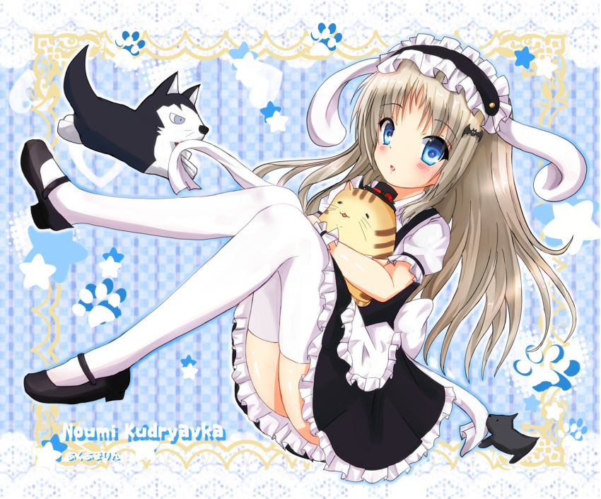 1girl, animal_ears, belka_(little_busters!), blouse, blue_eyes, cat, character_name, cosplay