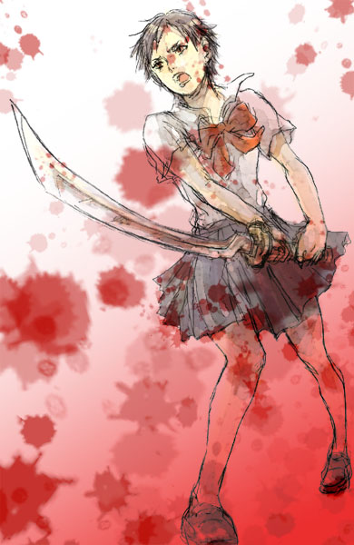 00s, black_hair, blood, blood+, bow, kuwatani, otonashi_saya, short_hair