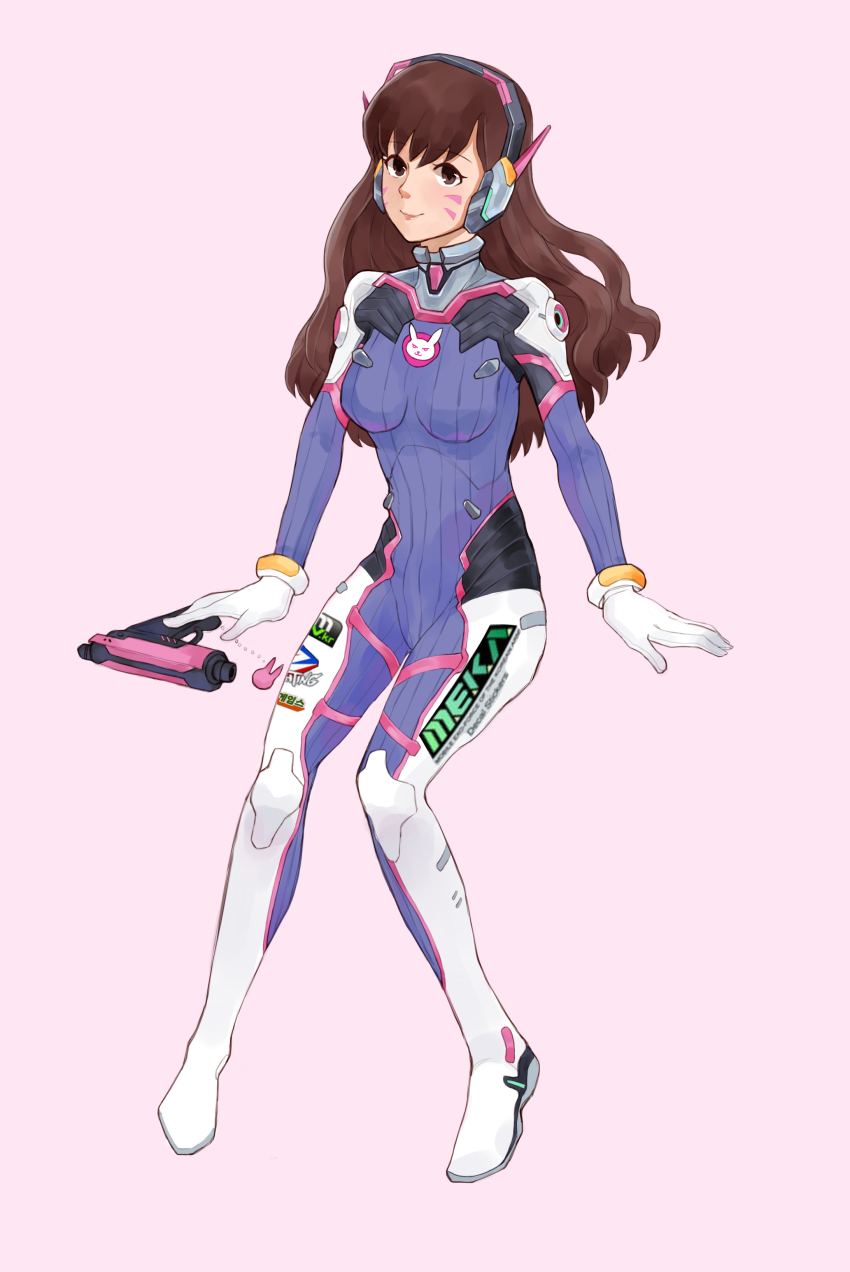 1girl, absurdres, blush, bodysuit, breasts, brown_eyes, brown_hair, classic_d.va, d.va_(overwatch), facial_mark, female_focus, full_body, gun, handgun, headphones, highres, invisible_chair, long_hair, looking_at_viewer, overwatch, overwatch_1, pink_background, robot_ears, simple_background, sitting, smile, solo, viccik, weapon, whisker_markings