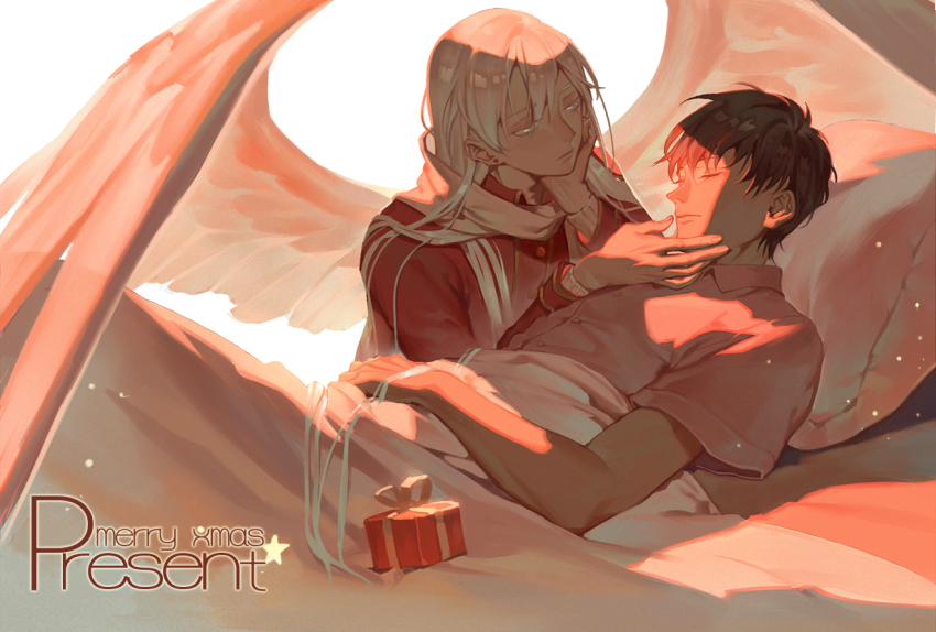 1990s_(style), 2boys, alternate_costume, backlighting, blanket, box, cardcaptor_sakura, christmas