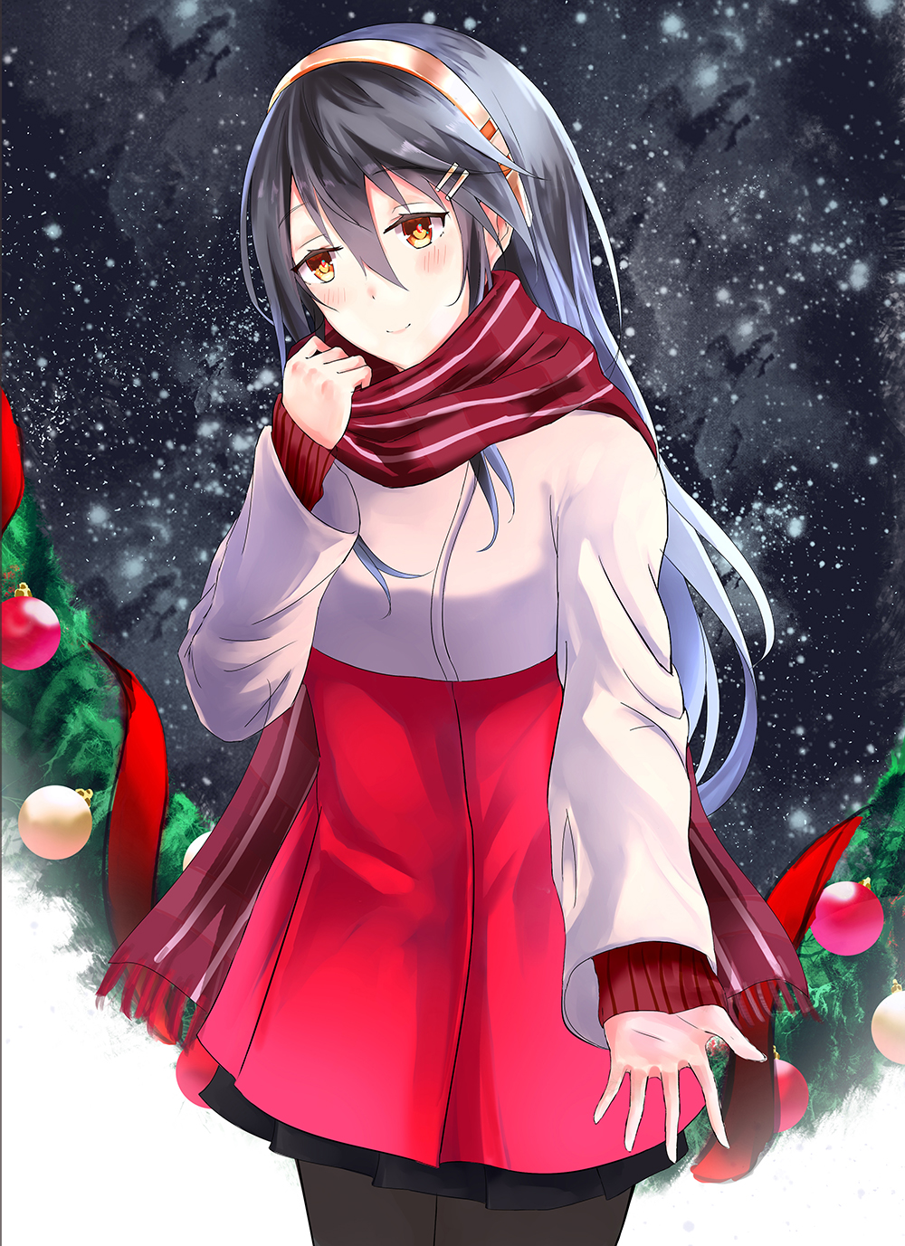 10s, 1girl, black_hair, blush, brown_eyes, christmas, female_focus, hair_ornament