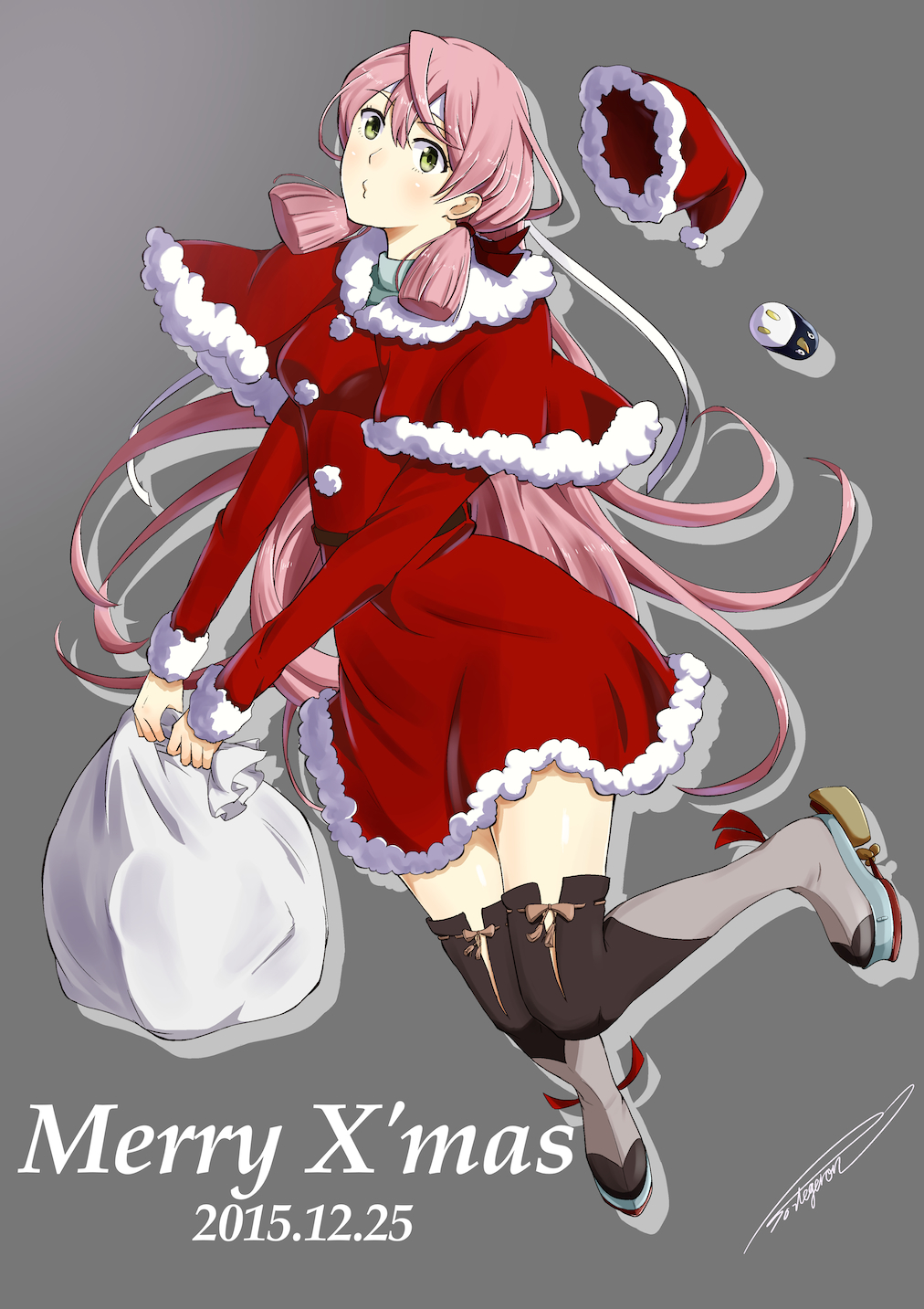 10s, 1girl, akashi_(christmas)_(kancolle), akashi_(kancolle), bandana, christmas, failure_penguin, female_focus, fur_trim, green_eyes, hair_ribbon, hat, highres, kantai_collection, kashi_(christmas)_(kancolle), long_hair, looking_at_viewer, pink_hair, potegeron, ribbon, sack, santa_costume, santa_hat, solo, thighhighs, tress_ribbon, twintails