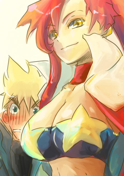 00s, 1boy, 1girl, bandeau, blush, breasts, cleavage, kittan_bachika