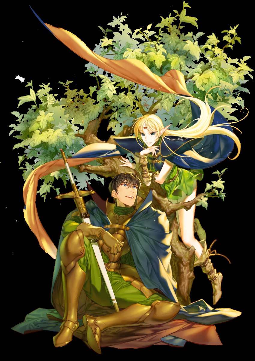 1boy, 1girl, absurdres, arm_warmers, armor, blonde_hair, blue_eyes, boots, brown_hair, cape, deedlit, dress, elf, forehead_jewel, green_dress, head_rest, highres, leaf, long_hair, open_mouth, parn_(lodoss), pointy_ears, record_of_lodoss_war, rope, short_dress, short_hair, sitting, sixa, sword, transparent_background, tree, under_tree, weapon, white_background