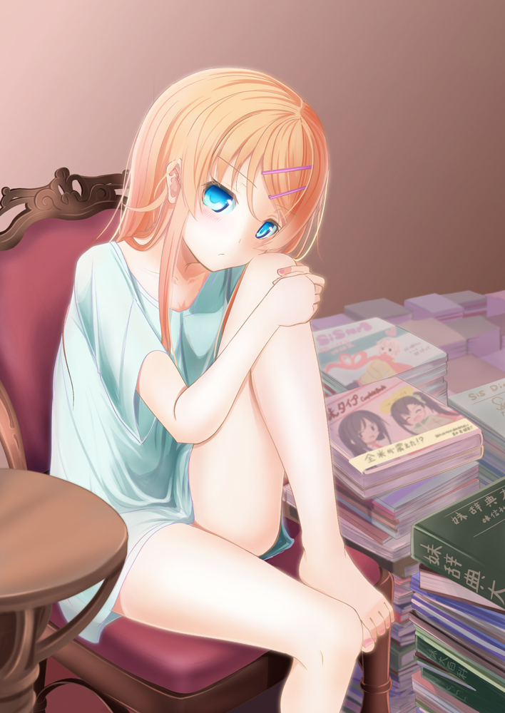 1girl, aoi_usagi_(marinebluerabbit), barefoot, blue_eyes, book, book_stack, chair, feet_on_chair