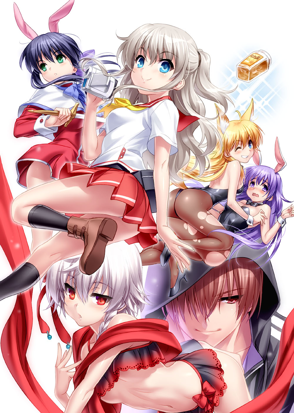 10s, 1boy, 5girls, angel_beats!, animal_ears, camcorder, charlotte_(anime), company_connection, crossover, fake_animal_ears, fox_ears, highres, hirari_minase, holy_breaker!, hood, irie_miyuki, kanon, kawasumi_mai, key_(company), little_busters!, long_hair, multiple_crossover, multiple_girls, natsume_kyousuke, nontraditional_playboy_bunny, pantyhose, playboy_bunny, rabbit_ears, school_uniform, sekine_shiori, serafuku, short_hair, tail, tomori_nao, torn_clothes, torn_legwear, video_camera, zen