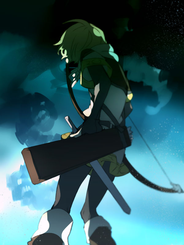 1boy, arrow_(projectile), back, belt, black_pants, blonde_hair, blue_background, boots