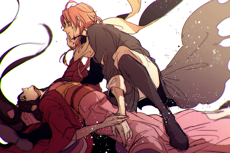 1boy, 1girl, ahoge, black_hair, blood, blood_on_face, blue_eyes, from_side