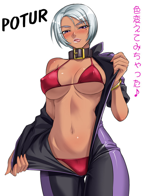 1girl, :p, bikini, bikini_under_clothes, blush, bodysuit, bracelet, breasts, breasts_apart, character_name, collar, covered_erect_nipples, dark-skinned_female, dark_skin, emina&amp;aki, eyebrows, female_focus, fingernails, hip_focus, jewelry, kagami_hirotaka, large_breasts, lipstick, long_fingernails, looking_at_viewer, lowleg, lowleg_bikini, makeup, micro_bikini, mole, mole_under_eye, naughty_face, navel, off_shoulder, open_bodysuit, open_clothes, original, potur, purple_eyes, pyro, racing_suit, red_bikini, red_slug, shiny_clothes, short_hair, sideboob, silver_hair, simple_background, solo, string_bikini, swept_bangs, swimsuit, swimsuit_under_clothes, thigh_gap, thighs, tongue, tongue_out, traced, translation_request, underboob, undressing, white_background, wide_hips