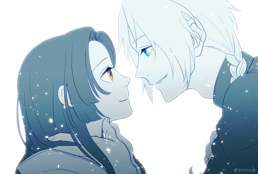 1boy, 1girl, blue_eyes, braid, brown_eyes, from_side, gintama, hand_on_another's_cheek