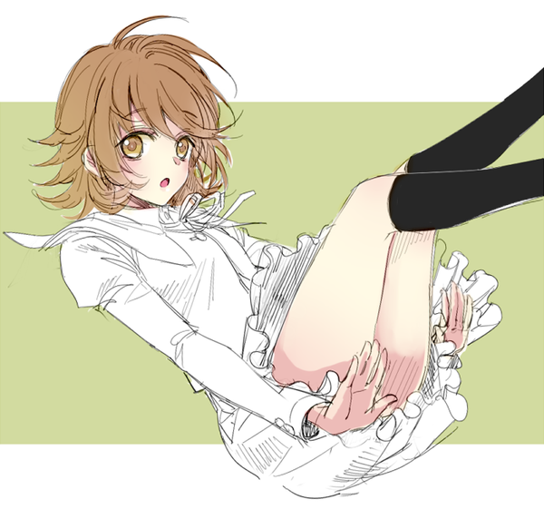 10s, 1boy, :o, bad_id, bad_pixiv_id, brown_eyes, brown_hair, crossdressing, crossdressing_(mtf), danganronpa_(series), fujisaki_chihiro, kneehighs, looking_at_viewer, male_focus, school_uniform, short_hair, sketch, socks, solo, sona_(sosona64), trap