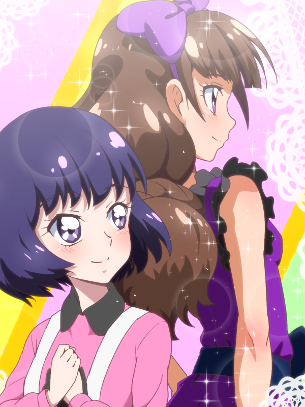 2girls, akeboshi_karin, amanogawa_kirara, back-to-back, blue_eyes, blue_hair, blush, bow