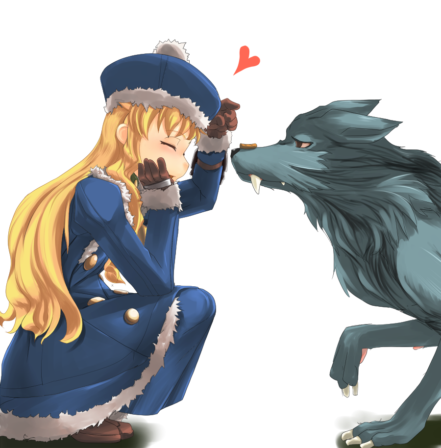 atlus, blonde_hair, etrian_odyssey, food, gunner_(sekaiju), gunner_2_(sekaiju), hat, heart, kemokemo_gdgd, long_hair, pet_(sekaiju), pet_3_(sekaiju), wolf