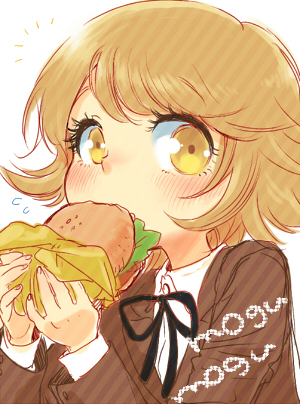 10s, 1boy, brown_eyes, brown_hair, burger, crossdressing, crossdressing_(mtf), danganronpa:_trigger_happy_havoc, danganronpa_(series), eating, food, fujisaki_chihiro, looking_at_viewer, lowres, male_focus, md5_mismatch, ribbon, sabota, short_hair, solo, trap, white_background