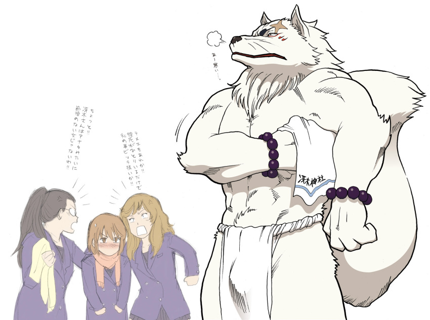 1boy, 3girls, black_hair, blush, breasts, brown_eyes, brown_hair, funabashi_hiwako