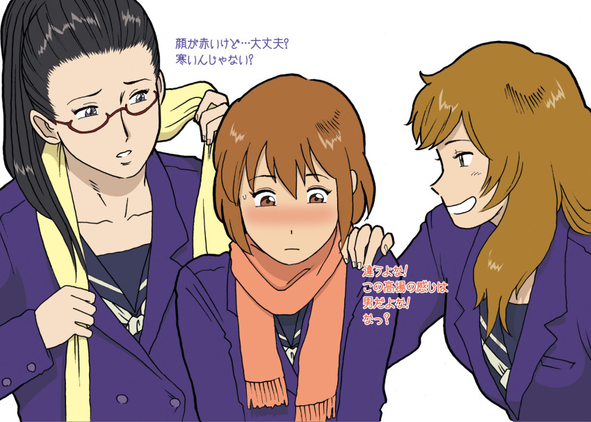 3girls, blue_eyes, blush, breasts, brown_eyes, brown_hair, funabashi_hiwako, gingitsune_(ochiai_sayuri)