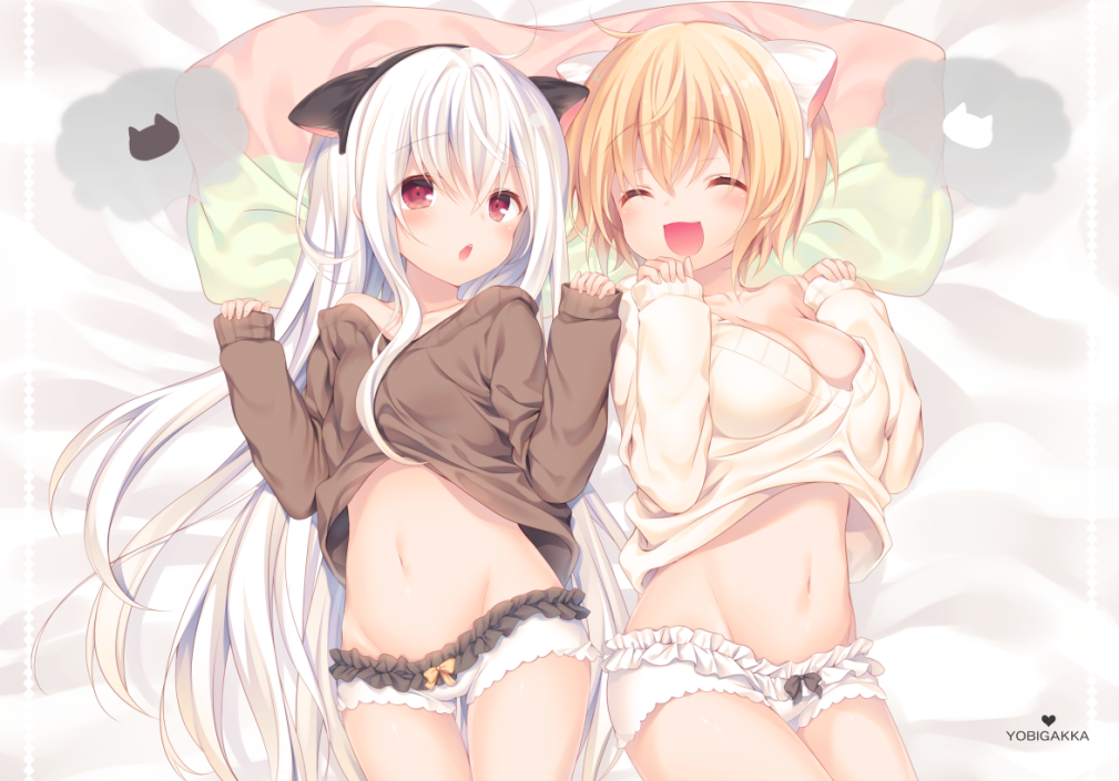 2girls, :d, :o, ^_^, ahoge, albino, ameko_(komeshiro_kasu), animal_ears, artist_name, bare_shoulders, bed_sheet, blush, border, bow, breasts, cat, cat_ears, chestnut_mouth, cleavage, closed_eyes, clothes_lift, collarbone, cowboy_shot, fake_animal_ears, frilled_shorts, frills, groin, hair_between_eyes, hairband, heart, kasako_(komeshiro_kasu), komeshiro_kasu, large_breasts, long_hair, looking_at_viewer, lying, multiple_girls, navel, off_shoulder, on_back, on_bed, open_mouth, original, paw_pose, pillow, red_eyes, shirt_lift, short_shorts, shorts, smile, stomach, sweater, thigh_gap, underwear, very_long_hair, white_hair, yellow_bow