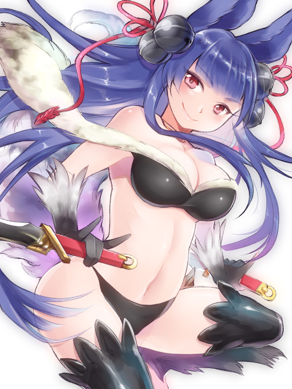 10s, 1girl, animal_ears, bell, blue_hair, breasts, cleavage, erune