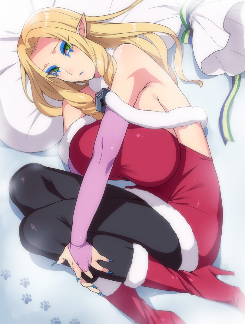 1futa, blonde_hair, boots, breasts, christmas, drill_hair, fingernails, futa_without_pussy, futanari, go!_princess_precure, green_eyes, high_heel_boots, high_heels, huge_breasts, implied_futanari, lipstick, long_hair, makeup, mogiki_hayami, nail_polish, pointy_ears, precure, shut_(precure), solo