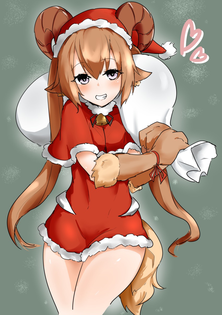 1girl, animal_ears, animal_hands, baphomet_(monster_girl_encyclopedia), bell, brown_hair, capelet, child, christmas, dress, female_focus, fur_trim, grey_eyes, grin, hat, heart, heart-shaped_pupils, highres, horns, long_hair, monster_girl, monster_girl_encyclopedia, pom_pom_(clothes), purple_eyes, ribbon, sack, santa_costume, santa_hat, smile, solo, syannhai-doll, symbol-shaped_pupils, tail, twintails, very_long_hair, wrist_ribbon