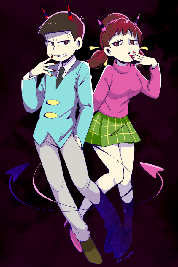 10s, 1boy, 1girl, bad_id, bad_twitter_id, black_background, bowl_cut, brown_hair, demon_horns, demon_tail, evil_grin, evil_smile, fang, finger_to_mouth, formal_clothes, grin, hairband, hand_in_pocket, horns, matsuno_osomatsu, mone_(14ri0000), nail_polish, osomatsu-kun, osomatsu-san, osomatsu_(series), plaid_clothes, plaid_skirt, red_nails, short_hair, short_twintails, simple_background, skirt, smile, suit, tail, turtleneck, twintails, twitter_username, yowai_totoko