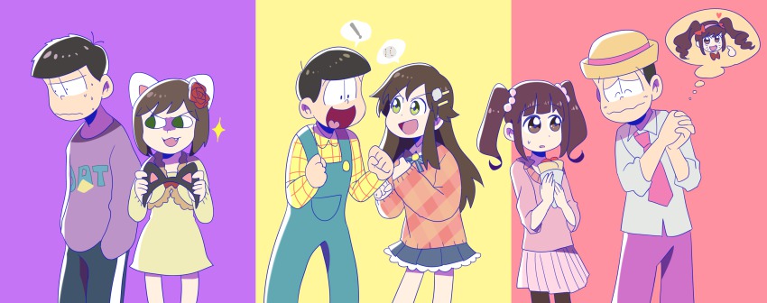 10s, 3boys, 3girls, animal_ears, artist_request, bad_id, bad_twitter_id, brothers, cat_ears, chibimi, chibita, crossover, hat, highres, himekawa_yuki, idolmaster, idolmaster_cinderella_girls, maekawa_miku, matsuno_ichimatsu, matsuno_jyushimatsu, matsuno_todomatsu, multiple_boys, multiple_girls, nin_getter_(agumon-p), ogata_chieri, osomatsu-kun, osomatsu-san, osomatsu_(series), overalls, siblings