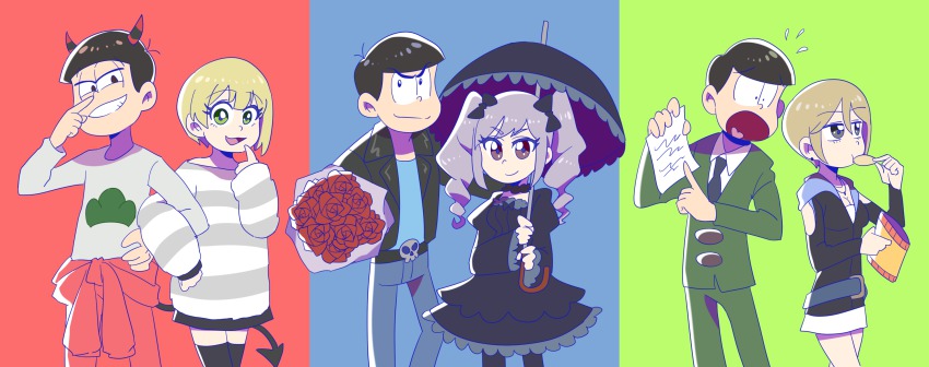 10s, 3boys, 3girls, bad_id, bad_twitter_id, brothers, cosplay, crossover, gothic_lolita, grey_hair, highres, idolmaster, idolmaster_cinderella_girls, jacket, kanzaki_ranko, lolita_fashion, matsuno_choromatsu, matsuno_karamatsu, matsuno_osomatsu, miyamoto_frederica, multiple_boys, multiple_girls, nin_getter_(agumon-p), osomatsu-kun, osomatsu-san, osomatsu_(series), parasol, parody, producer_(cosplay), producer_(idolmaster), shiomi_syuko, short_hair, siblings, umbrella
