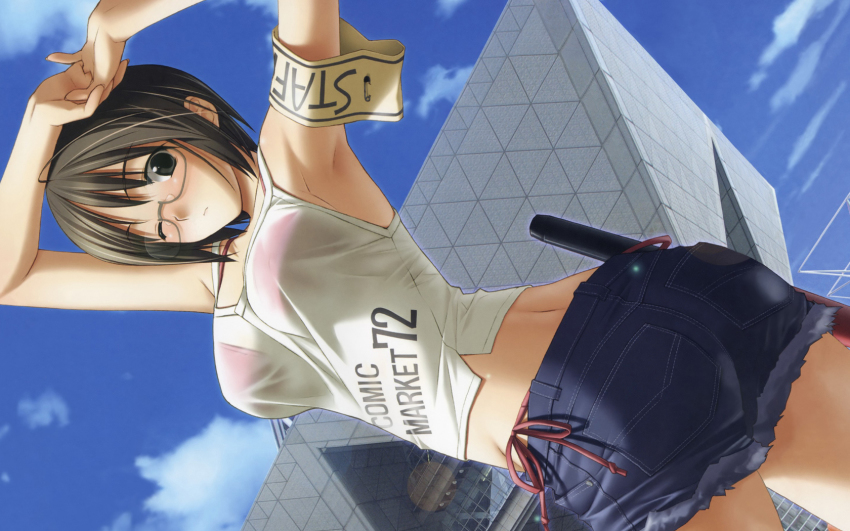 1girl, armband, armpits, arms_up, bikini, black_hair, breasts, brown_eyes, brown_hair, camisole, cloud, comiket, comiket_72, cowboy_shot, day, denim, denim_shorts, dutch_angle, female_focus, from_below, glasses, hashimoto_takashi, highres, large_breasts, looking_down, looking_up, see-through_clothes, short_hair, shorts, side-tie_bikini_bottom, sky, solo, stretching, swimsuit, tokyo_big_sight, yorihime_nao, yosuga_no_sora
